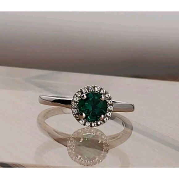 Sterling Silver Round Created Emerald, Round Created White Sapphire Halo Ring 8 - Picture 1 of 5